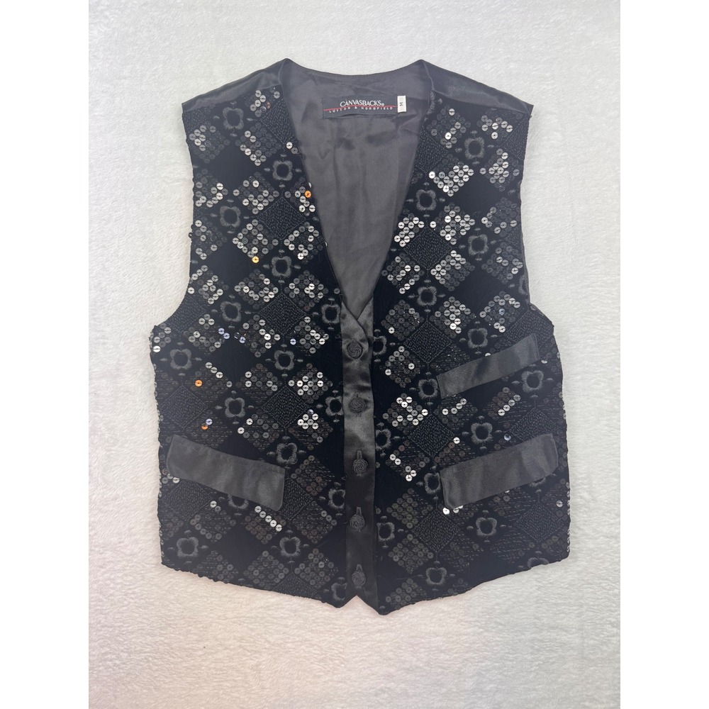 Canvasbacks Lutton & Horsfield Black Velvet Sequin Vest Rosette Button Vintage M